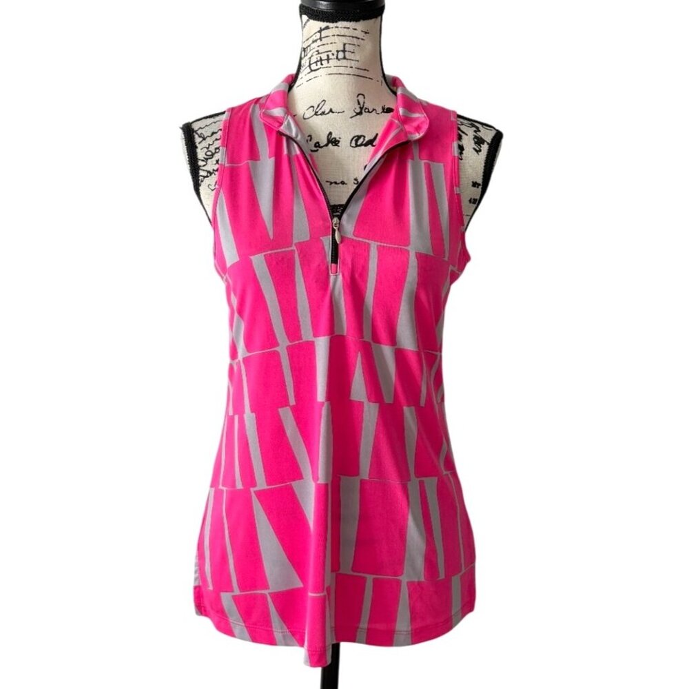 Simplicite by Jamie Sadock Sleeveless Top 1/4 Zip Pink Gray Geometric Size S